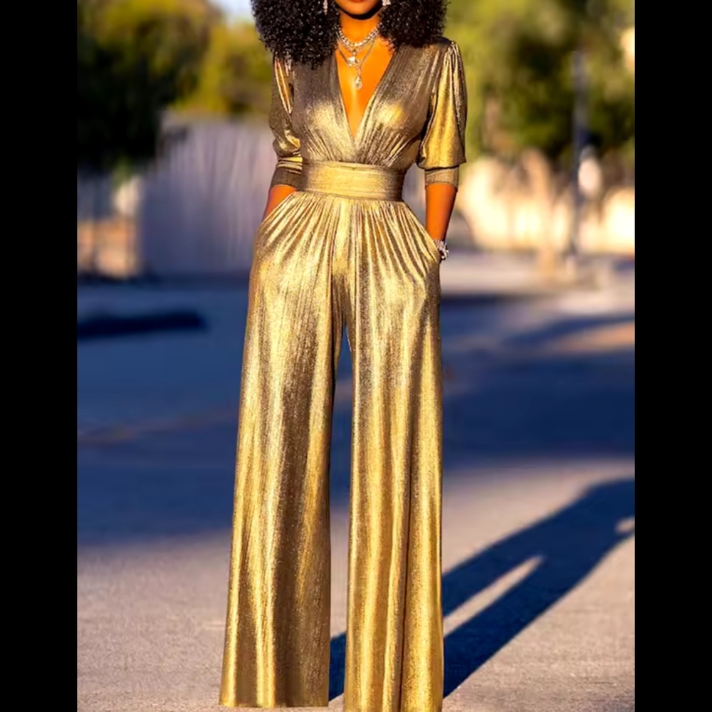 Jumpsuit Deep V-neck Three-Quarter Sleeves High Waist Wide Leg Oe-piece - Picture 2 of 7